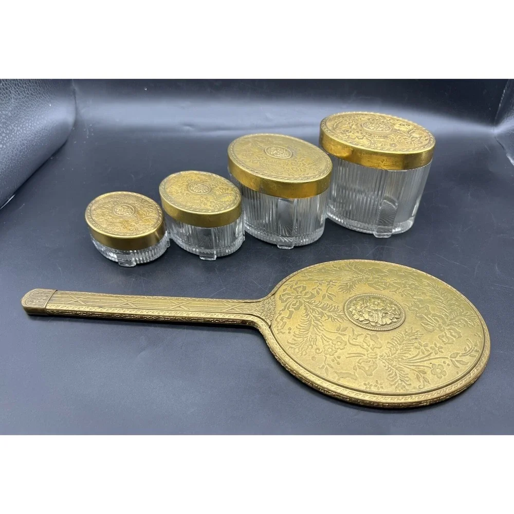 Vintage 1930s SWEETHEART BEAUTYWARE Vanity Dresser SET 4 Jars & Hand Mirror